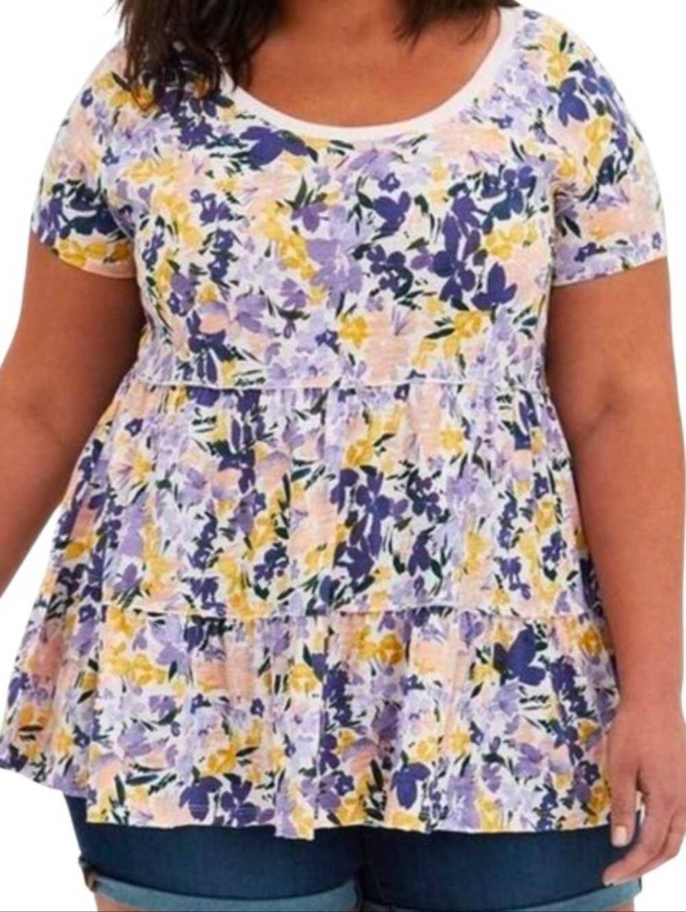 Torrid Slub Knit Scoop Neck Short Sleeve Tiered Babydoll Top Floral Purple 3X